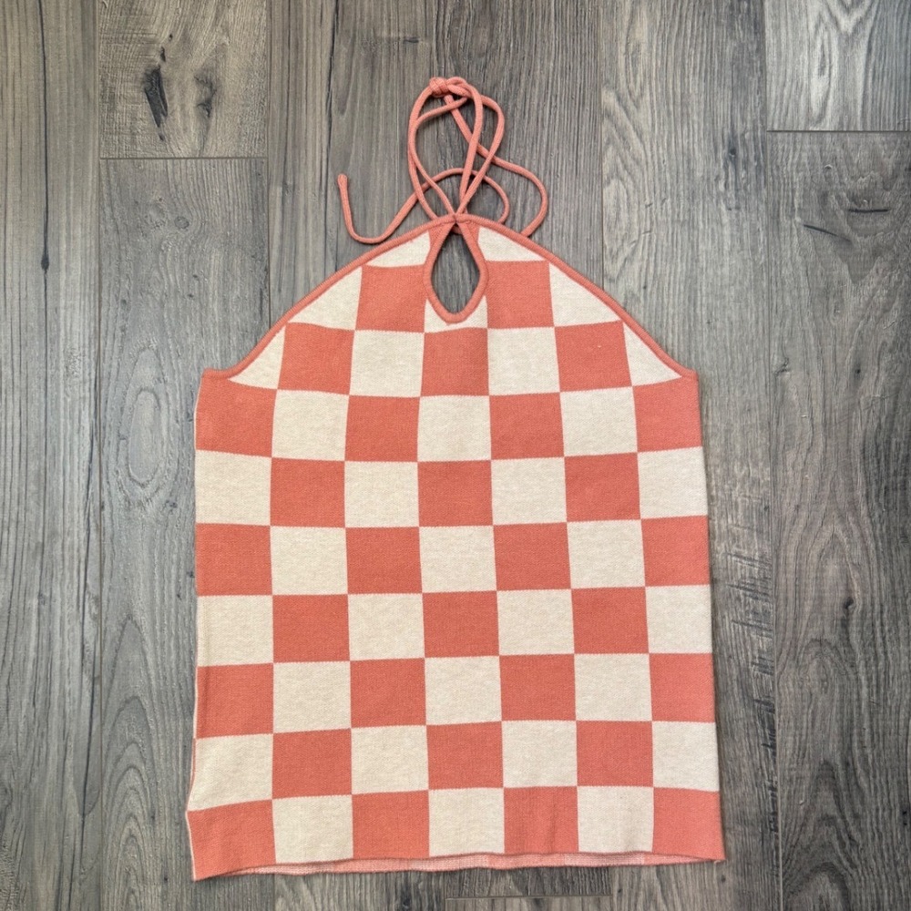 Pink Lily Checkerboard‎ Halter Neck Knit Top XL Coral Cream Cutout